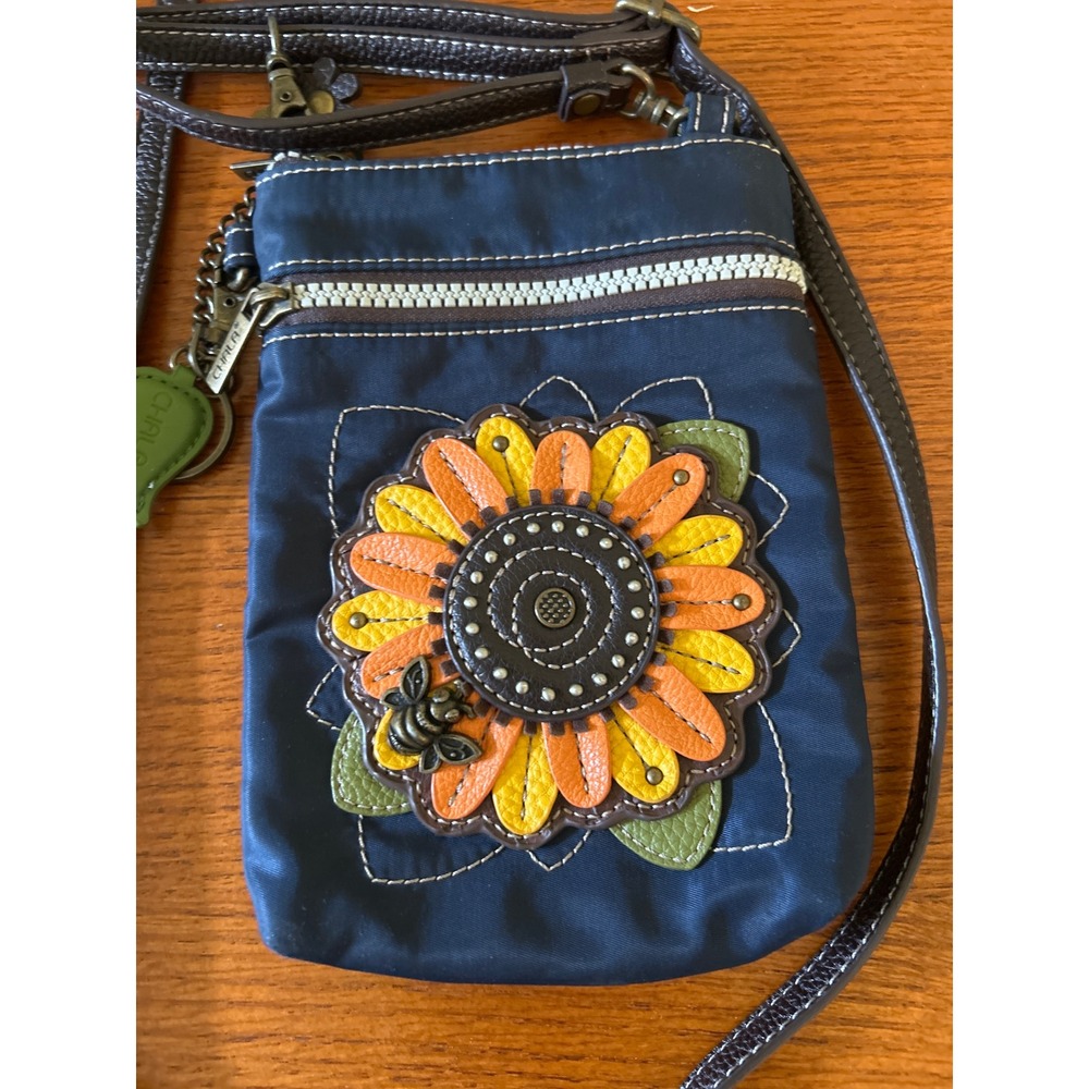 Chala Navy Blue Sunflower Bee Crossbody Cell Phone Purse RFID Nylon Bag